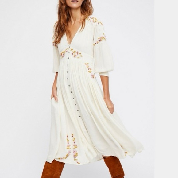 Free People Ivory Floral Day Glow  Embroidered Midi Dress - Picture 1 of 3